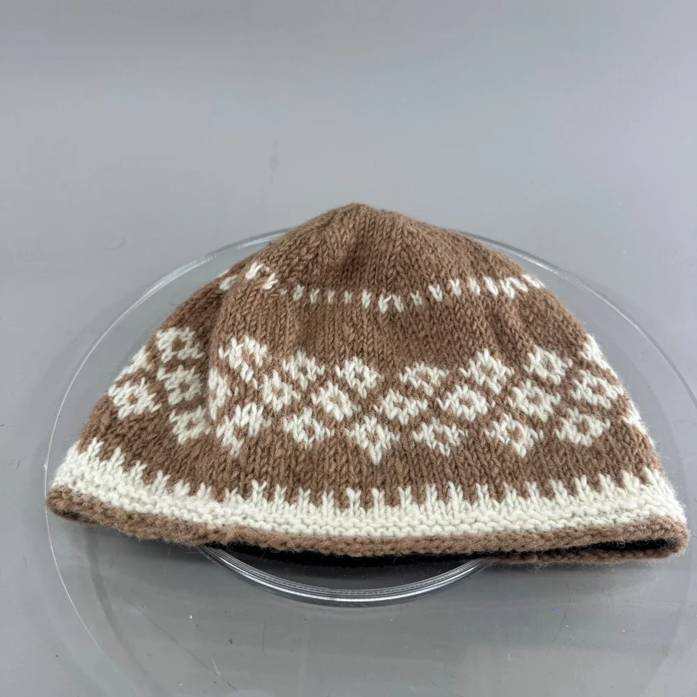 Feelgoodz Unisex Wool Beanie Hat Fair Isle Fleece Lined Nepal Brown White OS